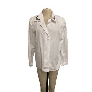 Norton McNaughton Womens Size 12 White Button-Up Blouse With Holiday Embroidered